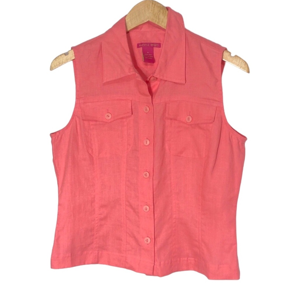 Sunny Leigh Easy Care Linen Sleeveless Shirt Womens Size M Spring Casual